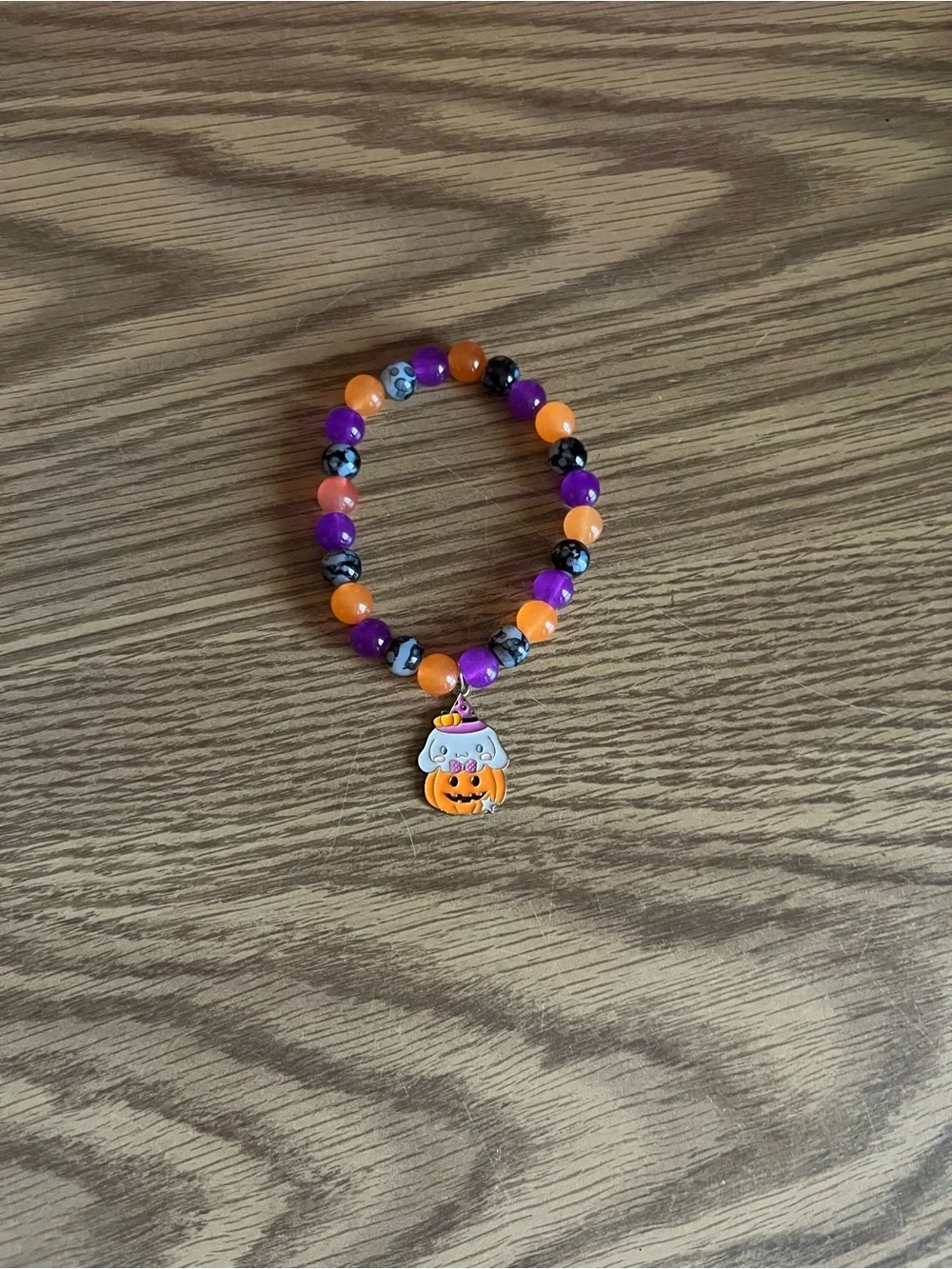 Halloween Cinnamoroll Charm Beaded Bracelet - Orange, Black, & Purple Beads